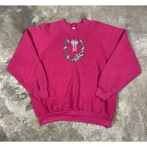 Vintage 70s Cat Wreath Sweatershirt Women's Size Large Pink Embroidered Floral